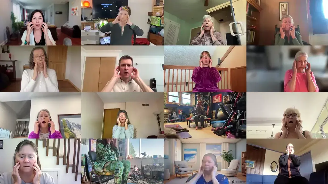 Zoom gallery showing Dayana and participants practicing guided movements with their hands near their faces.