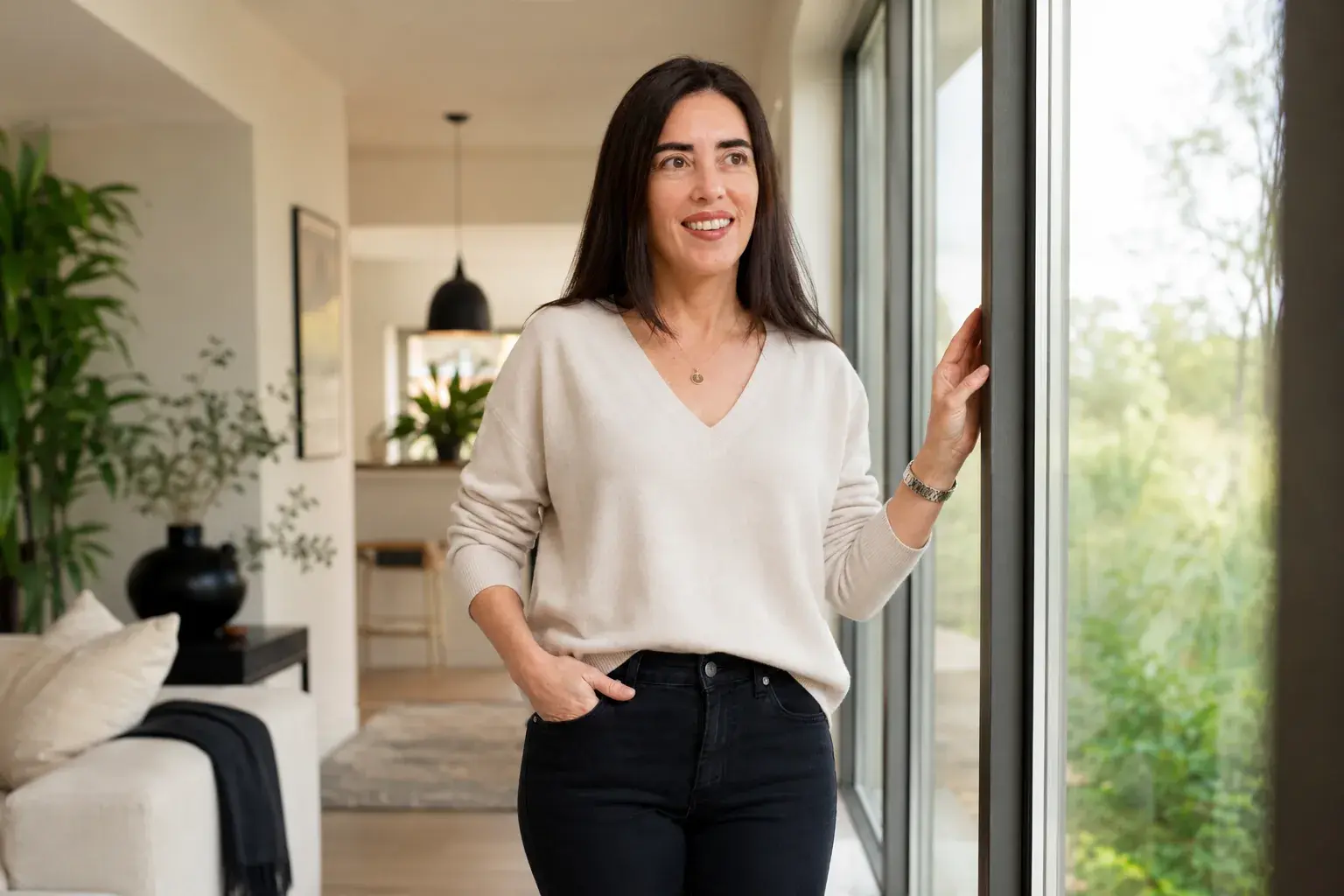 Dayana Pereira beside a window at home